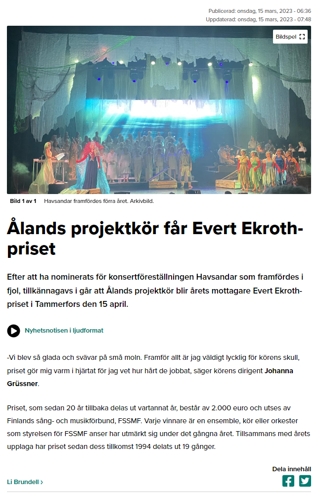 Ålands Radio 15.03.2023 om Evert Ekroth-priset